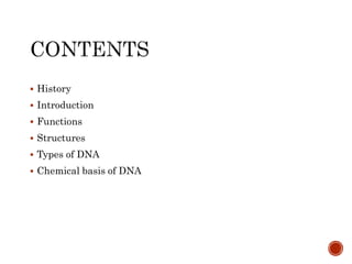  History
 Introduction
 Functions
 Structures
 Types of DNA
 Chemical basis of DNA
 
