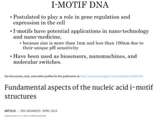  Postulated to play a role in gene regulation and
expression in the cell
 I-motifs have potential applications in nano-technology
and nano-medicine,
 because size is more than 1nm and less than 100nm due to
their unique pH sensitivity
 Have been used as biosensors, nanomachines, and
molecular switches.
 