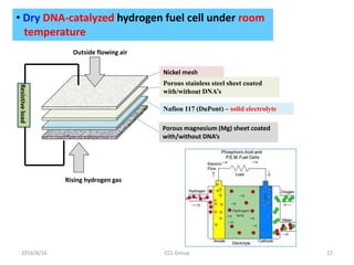 2016/8/16 22CCL Group
• Dry DNA-catalyzed hydrogen fuel cell under room
temperature
Rising hydrogen gas
Outside flowing air
Nickel mesh
Porous stainless steel sheet coated
with/without DNA’s
Nafion 117 (DuPont) – solid electrolyte
Porous magnesium (Mg) sheet coated
with/without DNA’s
Resistiveload
 