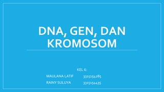 DNA, GEN, DAN
KROMOSOM
KEL 6:
MAULANA LATIF 3315154285
RAINY SULUYA 3315154435
 