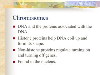 Chromosomes
 DNA and the proteins associated with the
DNA.
 Histone proteins help DNA coil up and
form its shape.
 Non-histone proteins regulate turning on
and turning off genes.
 Found in the nucleus.
 