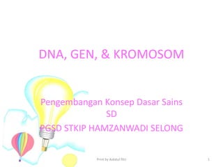 DNA, GEN, & KROMOSOM
Pengembangan Konsep Dasar Sains
SD
PGSD STKIP HAMZANWADI SELONG
Print by Aidatul fitri 1
 