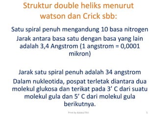 Struktur double heliks menurut
watson dan Crick sbb:
Satu spiral penuh mengandung 10 basa nitrogen
Jarak antara basa satu dengan basa yang lain
adalah 3,4 Angstrom (1 angstrom = 0,0001
mikron)
Jarak satu spiral penuh adalah 34 angstrom
Dalam nukleotida, pospat terletak diantara dua
molekul glukosa dan terikat pada 3’ C dari suatu
molekul gula dan 5’ C dari molekul gula
berikutnya.
Print by Aidatul fitri 5
 