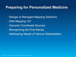 Esri UC2013 .
Preparing for Personalized Medicine
• Deluge vs Managed Mapping Solutions
• Recognizing the First Waves of D...