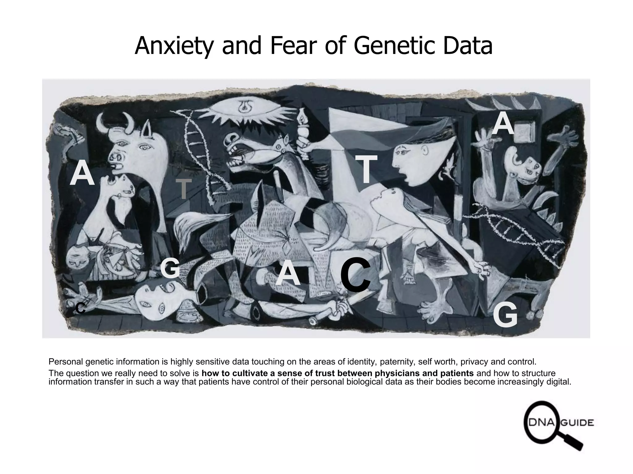 Anxiety and Fear of Genetic Data
TA T
G C
T
A
C
G
A
Personal genetic information is highly sensitive data touching on the areas of identity, paternity, self worth, privacy and control.
The question we really need to solve is how to cultivate a sense of trust between physicians and patients and how to structure
information transfer in such a way that patients have control of their personal biological data as their bodies become increasingly digital.
 