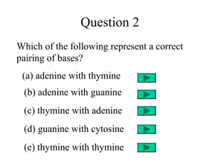 Question 2
Which of the following represent a correct
pairing of bases?
(a) adenine with thymine
(b) adenine with guanine
(c) thymine with adenine
(d) guanine with cytosine
(e) thymine with thymine
 
