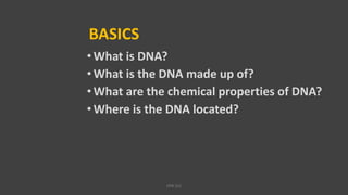 BASICS
•What is DNA?
• What is the DNA made up of?
• What are the chemical properties of DNA?
• Where is the DNA located?
VPB 321
 