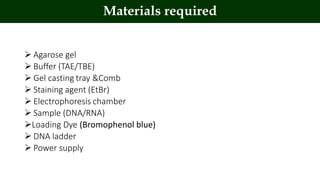  Agarose gel
 Buffer (TAE/TBE)
 Gel casting tray &Comb
 Staining agent (EtBr)
 Electrophoresis chamber
 Sample (DNA/RNA)
Loading Dye (Bromophenol blue)
 DNA ladder
 Power supply
Materials required
 