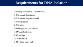  Biological samples (Tissue/Blood)
 Microcentrifuge tubes
 Microcentrifuge tube stand
 Micropipettes
 Microtips
 Homogeniser (For tissue)
 DNA extraction kit
 Centrifuge
 Vortex mixer
 Dry bath/ water bath
Requirements for DNA Isolation
 