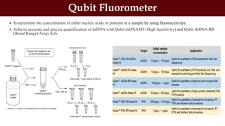  To determine the concentration of either nucleic acids or proteins in a sample by using fluorescent dye.
 Achieve accurate and precise quantification of dsDNA with Qubit dsDNA HS (High Sensitivity) and Qubit dsDNA BR
(Broad Range) Assay Kits.
Qubit Fluorometer
 