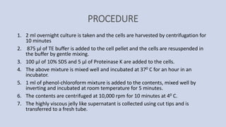 PROCEDURE
1. 2 ml overnight culture is taken and the cells are harvested by centrifugation for
10 minutes
2. 875 µl of TE buffer is added to the cell pellet and the cells are resuspended in
the buffer by gentle mixing.
3. 100 µl of 10% SDS and 5 µl of Proteinase K are added to the cells.
4. The above mixture is mixed well and incubated at 370 C for an hour in an
incubator.
5. 1 ml of phenol-chloroform mixture is added to the contents, mixed well by
inverting and incubated at room temperature for 5 minutes.
6. The contents are centrifuged at 10,000 rpm for 10 minutes at 40 C.
7. The highly viscous jelly like supernatant is collected using cut tips and is
transferred to a fresh tube.
 
