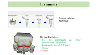 In summary
Manual isolation
technique
Kit based isolation-
• Use kit components & follow
manufacturer’s instruction
• Fast (usually takes 2-2.5 hours)
• Simple
• Costly
 
