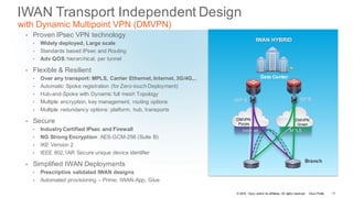 © 2016 Cisco and/or its affiliates. All rights reserved. Cisco Public
IWAN Transport Independent Design
with Dynamic Multipoint VPN (DMVPN)
• Proven IPsec VPN technology
• Widely deployed, Large scale
• Standards based IPsec and Routing
• Adv QOS: hierarchical, per tunnel
• Flexible & Resilient
• Over any transport: MPLS, Carrier Ethernet, Internet, 3G/4G,..
• Automatic Spoke registration (for Zero-touch Deployment)
• Hub-and-Spoke with Dynamic full mesh Topology
• Multiple encryption, key management, routing options
• Multiple redundancy options: platform, hub, transports
• Secure
• Industry Certified IPsec and Firewall
• NG Strong Encryption: AES-GCM-256 (Suite B)
• IKE Version 2
• IEEE 802.1AR Secure unique device identifier
• Simplified IWAN Deployments
• Prescriptive validated IWAN designs
• Automated provisioning – Prime, IWAN-App, Glue
Branch
Internet MPLS
DMVPN
Purple
DMVPN
Green
IWAN HYBRID
Data Center
ISP A SP B
17
 