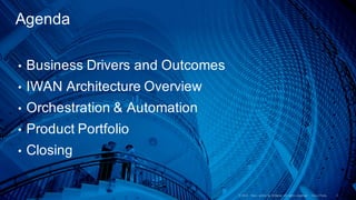 • Business Drivers and Outcomes
• IWAN Architecture Overview
• Orchestration & Automation
• Product Portfolio
• Closing
Agenda
 
