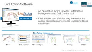 © 2016 Cisco and/or its affiliates. All rights reserved. Cisco Public
LiveAction Software
• An Application-aware Network Performance
Management and QoS Control tool
• Fast, simple, cost effective way to monitor and
control application performance leveraging Cisco
capabilities
LiveAction Components
Flow QoS Monitor QoS Configure RoutingLAN IP SLA
For Your
Reference
48
 