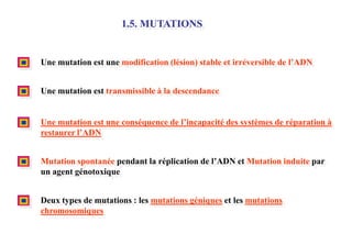 1.5. MUTATIONS

Une mutation est une modification (lésion) stable et irréversible de l’ADN
Une mutation est transmissible à la descendance
Une mutation est une conséquence de l’incapacité des systèmes de réparation à
restaurer l’ADN
Mutation spontanée pendant la réplication de l’ADN et Mutation induite par
un agent génotoxique
Deux types de mutations : les mutations géniques et les mutations
chromosomiques

 