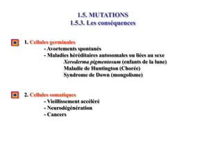 1.5. MUTATIONS
1.5.3. Les conséquences
1. Cellules germinales
- Avortements spontanés
- Maladies héréditaires autosomales ou liées au sexe
Xeroderma pigmentosum (enfants de la lune)
Maladie de Huntington (Chorée)
Syndrome de Down (mongolisme)

2. Cellules somatiques
- Vieillissement accéléré
- Neurodégénération
- Cancers

 