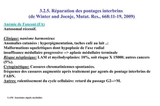 3.2.5. Réparation des pontages interbrins
(de Winter and Joenje, Mutat. Res., 668:11-19, 2009)
Anémie de Fanconi (FA)
Autosomal récessif.
Clinique: nanisme harmonieux
Anomalies cutanées : hyperpigmentation, taches café au lait ..:
Malformations squelettiques dont hypoplasie de l'axe radial
insuffisance médullaire progressive --> aplasie médullaire terminale
Risque néoplasique: LAM et myélodysplasies: 10%, soit risque X 15000; autres cancers
(5%).
Cytogénétique: Cassures chromatiniennes spontanées.
fréquence des cassures augmentée après traitement par agents de pontage interbrins de
l'ADN.
Autres: ralentissement du cycle cellulaire: retard du passage G2-->M.

LAM : leucémies aiguës myéloïdes

 