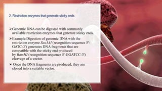 2. Restriction enzymes that generate sticky ends
Genomic DNA can be digested with commonly
available restriction enzymes that generate sticky ends.
Example:Digestion of genomic DNA with the
restriction enzyme Sau3AI (recognition sequence 5'-
GATC-3') generates DNA fragments that are
compatible with the sticky end produced
by BamHI (recognition sequence 5'-GGATCC-3')
cleavage of a vector.
 Once the DNA fragments are produced, they are
cloned into a suitable vector.
 