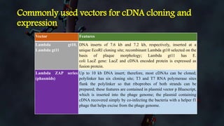 Commonly used vectors for cDNA cloning and
expression
Vector Features
Lambda gt10,
Lambda gt11
DNA inserts of 7.6 kb and 7.2 kb, respectively, inserted at a
unique EcoRI cloning site; recombinant Lambda gt10 selected on the
basis of plaque morphology; Lambda gt11 has E.
coli LacZ gene: LacZ and cDNA encoded protein is expressed as
fusion protein.
Lambda ZAP series
(phasmids)
Up to 10 kb DNA insert; therefore, most cDNAs can be cloned;
polylinker has six cloning site; T3 and T7 RNA polymerase sites
flank the polylinker so that riboprobes of both strands can be
prepared; these features are contained in plasmid vector p Bluescript,
which is inserted into the phage genome; the plasmid containing
cDNA recovered simply by co-infecting the bacteria with a helper f1
phage that helps excise from the phage genome.
 
