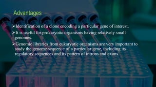 Advantages
Identification of a clone encoding a particular gene of interest.
It is useful for prokaryotic organisms having relatively small
genomes.
Genomic libraries from eukaryotic organisms are very important to
study the genome sequence of a particular gene, including its
regulatory sequences and its pattern of introns and exons.
 