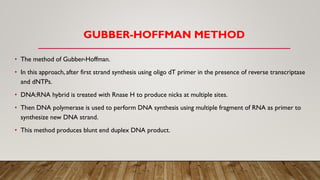 GUBBER-HOFFMAN METHOD
• The method of Gubber-Hoffman.
• In this approach, after first strand synthesis using oligo dT primer in the presence of reverse transcriptase
and dNTPs.
• DNA:RNA hybrid is treated with Rnase H to produce nicks at multiple sites.
• Then DNA polymerase is used to perform DNA synthesis using multiple fragment of RNA as primer to
synthesize new DNA strand.
• This method produces blunt end duplex DNA product.
 