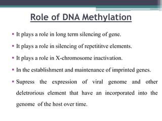 Role of DNA Methylation
 It plays a role in long term silencing of gene.
 It plays a role in silencing of repetititve elements.
 It plays a role in X-chromosome inactivation.
 In the establishment and maintenance of imprinted genes.
 Supress the expression of viral genome and other
deletrorious element that have an incorporated into the
genome of the host over time.
 