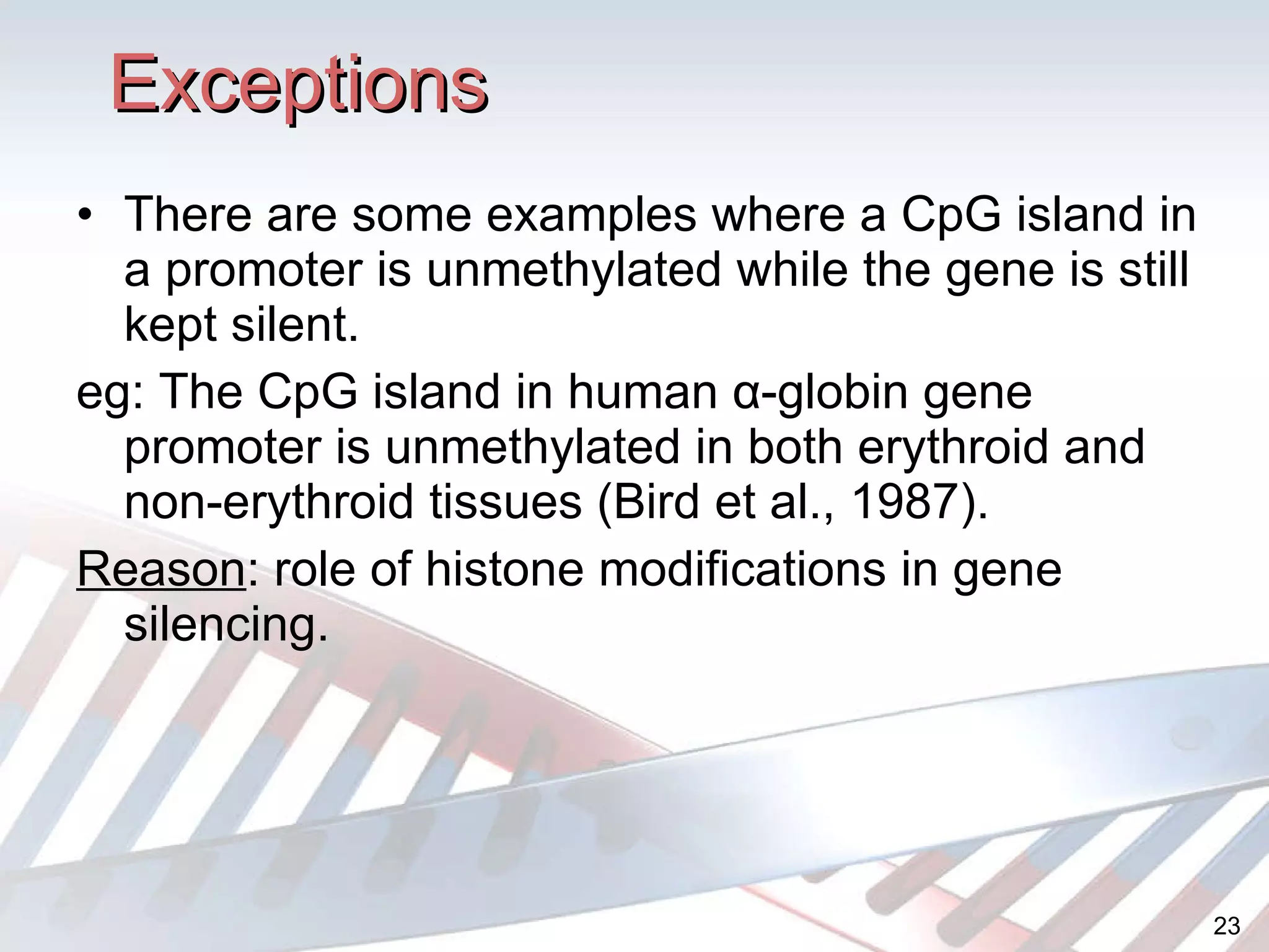 Exceptions There are some examples where  a CpG island in a promoter is unmethylated while the gene is still kept silent. eg:  The CpG island in human α-globin gene promoter is unmethylated in both erythroid and non-erythroid tissues (Bird et al., 1987).  Reason : role of histone modifications in gene silencing. 