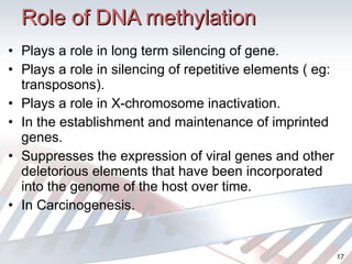 Role of DNA methylation Plays a role in long term silencing of gene. Plays a role in silencing of repetitive elements ( eg: transposons). Plays a role in X-chromosome inactivation. In the establishment and maintenance of imprinted genes. Suppresses the expression of viral genes and other deletorious elements that have been incorporated into the genome of the host over time. In Carcinogenesis. 