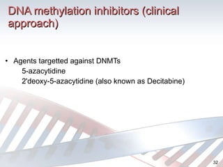 DNA methylation inhibitors (clinical approach) Agents targetted against DNMTs 5-azacytidine 2'deoxy-5-azacytidine (also known as Decitabine) 
