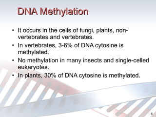 DNA Methylation It occurs in the cells of fungi, plants, non-vertebrates and vertebrates. In vertebrates, 3-6% of DNA cytosine is methylated. No methylation in many insects and single-celled eukaryotes. In plants, 30% of DNA cytosine is methylated. 