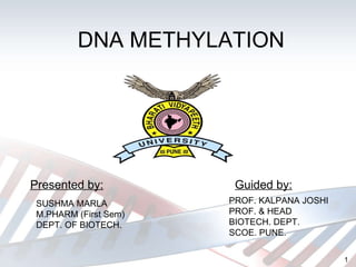 DNA METHYLATION Guided by: Presented by: SUSHMA MARLA M.PHARM (First Sem) DEPT. OF BIOTECH. PROF. KALPANA JOSHI PROF. & HEAD BIOTECH. DEPT. SCOE. PUNE. 