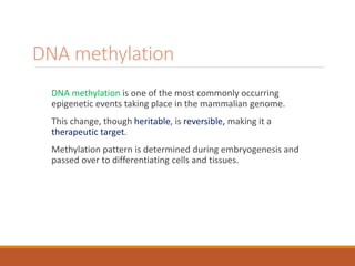 DNA methylation
DNA methylation is one of the most commonly occurring
epigenetic events taking place in the mammalian genome.
This change, though heritable, is reversible, making it a
therapeutic target.
Methylation pattern is determined during embryogenesis and
passed over to differentiating cells and tissues.
 