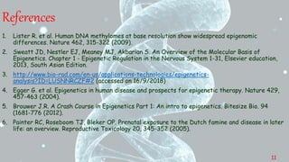 References
1. Lister R. et al. Human DNA methylomes at base resolution show widespread epigenomic
differences. Nature 462, 315-322 (2009).
2. Sweatt JD, Nestler EJ, Meaney MJ, Akbarian S. An Overview of the Molecular Basis of
Epigenetics. Chapter 1 - Epigenetic Regulation in the Nervous System 1-31, Elsevier education,
2013, South Asian Edition.
3. http://www.bio-rad.com/en-us/applications-technologies/epigenetics-
analysis?ID=LUSNNRCZF#2 (accessed on 16/9/2018)
4. Egger G. et al. Epigenetics in human disease and prospects for epigenetic therapy. Nature 429,
457-463 (2004).
5. Brouwer J.R. A Crash Course in Epigenetics Part 1: An intro to epigenetics. Bitesize Bio. 94
(1681-776 (2012).
6. Painter RC, Roseboom TJ, Bleker OP. Prenatal exposure to the Dutch famine and disease in later
life: an overview. Reproductive Toxicology 20, 345-352 (2005).
11
 