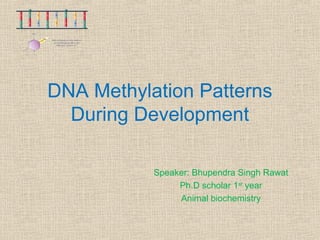 DNA Methylation Patterns
During Development
Speaker: Bhupendra Singh Rawat
Ph.D scholar 1st
year
Animal biochemistry
 