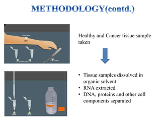 Healthy and Cancer tissue sample
taken
• Tissue samples dissolved in
organic solvent
• RNA extracted
• DNA, proteins and other cell
components separated
 