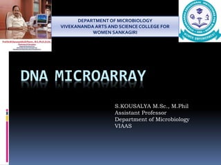 DNA MICROARRAY
S.KOUSALYA M.Sc., M.Phil
Assistant Professor
Department of Microbiology
VIAAS
DEPARTMENT OF MICROBIOLOGY
VIVEKANANDA ARTS AND SCIENCE COLLEGE FOR
WOMEN SANKAGIRI
 