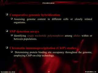 DNA microarray
Total slides : 51
12
November 24, 2024
 Comparative genomic hybridization
 Assessing genome content in different cells or closely related
organisms.
 SNP detection arrays
 Identifying single nucleotide polymorphism among alleles within or
between populations.
 Chromatin immunoprecipitation (ChIP) studies
 Determining protein binding site occupancy throughout the genome,
employing ChIP-on-chip technology.
 