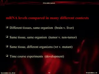 DNA microarray
Total slides : 51
14
November 24, 2024
mRNA levels compared in many different contexts
 Different tissues, same organism (brain v. liver)
 Same tissue, same organism (tumor v. non-tumor)
 Same tissue, different organisms (wt v. mutant)
 Time course experiments (development)
 