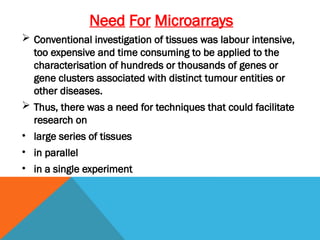 Need For Microarrays
 Conventional investigation of tissues was labour intensive,
too expensive and time consuming to be applied to the
characterisation of hundreds or thousands of genes or
gene clusters associated with distinct tumour entities or
other diseases.
 Thus, there was a need for techniques that could facilitate
research on
• large series of tissues
• in parallel
• in a single experiment
 