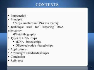 2
• Introduction
• Principle
 Steps involved in DNA microarray
• Technique used for Preparing DNA
microarray
Photolithog...
