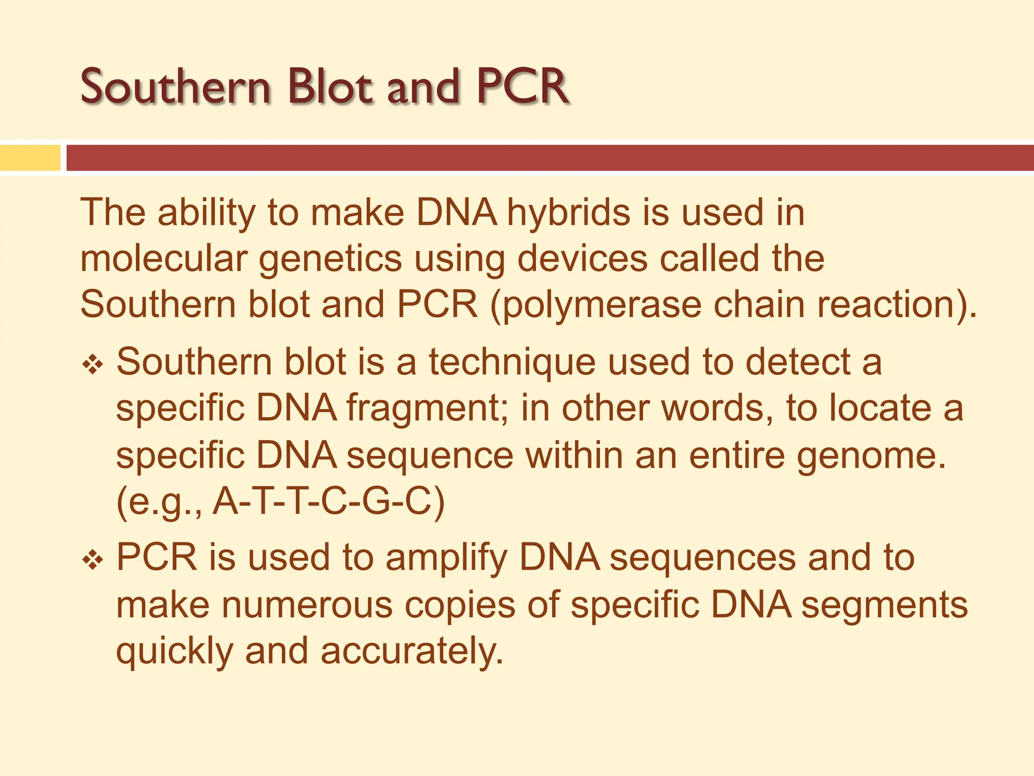 Southern Blot and PCR
The ability to make DNA hybrids is used in
molecular genetics using devices called the
Southern blot and PCR (polymerase chain reaction).
v Southern blot is a technique used to detect a
specific DNA fragment; in other words, to locate a
specific DNA sequence within an entire genome.
(e.g., A-T-T-C-G-C)
v PCR is used to amplify DNA sequences and to
make numerous copies of specific DNA segments
quickly and accurately.
 