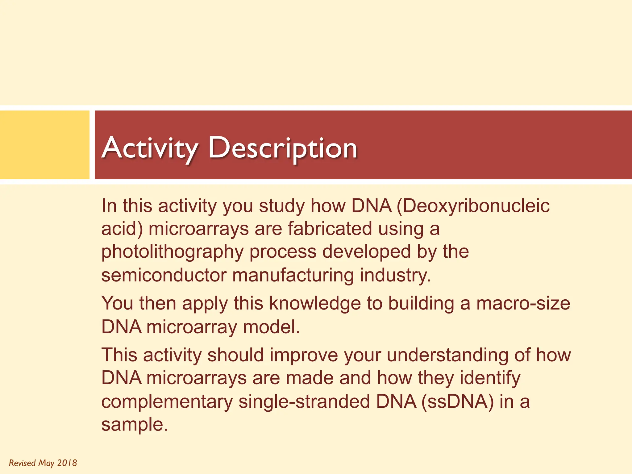 Revised May 2018
In this activity you study how DNA (Deoxyribonucleic
acid) microarrays are fabricated using a
photolithography process developed by the
semiconductor manufacturing industry.
You then apply this knowledge to building a macro-size
DNA microarray model.
This activity should improve your understanding of how
DNA microarrays are made and how they identify
complementary single-stranded DNA (ssDNA) in a
sample.
Activity Description
 
