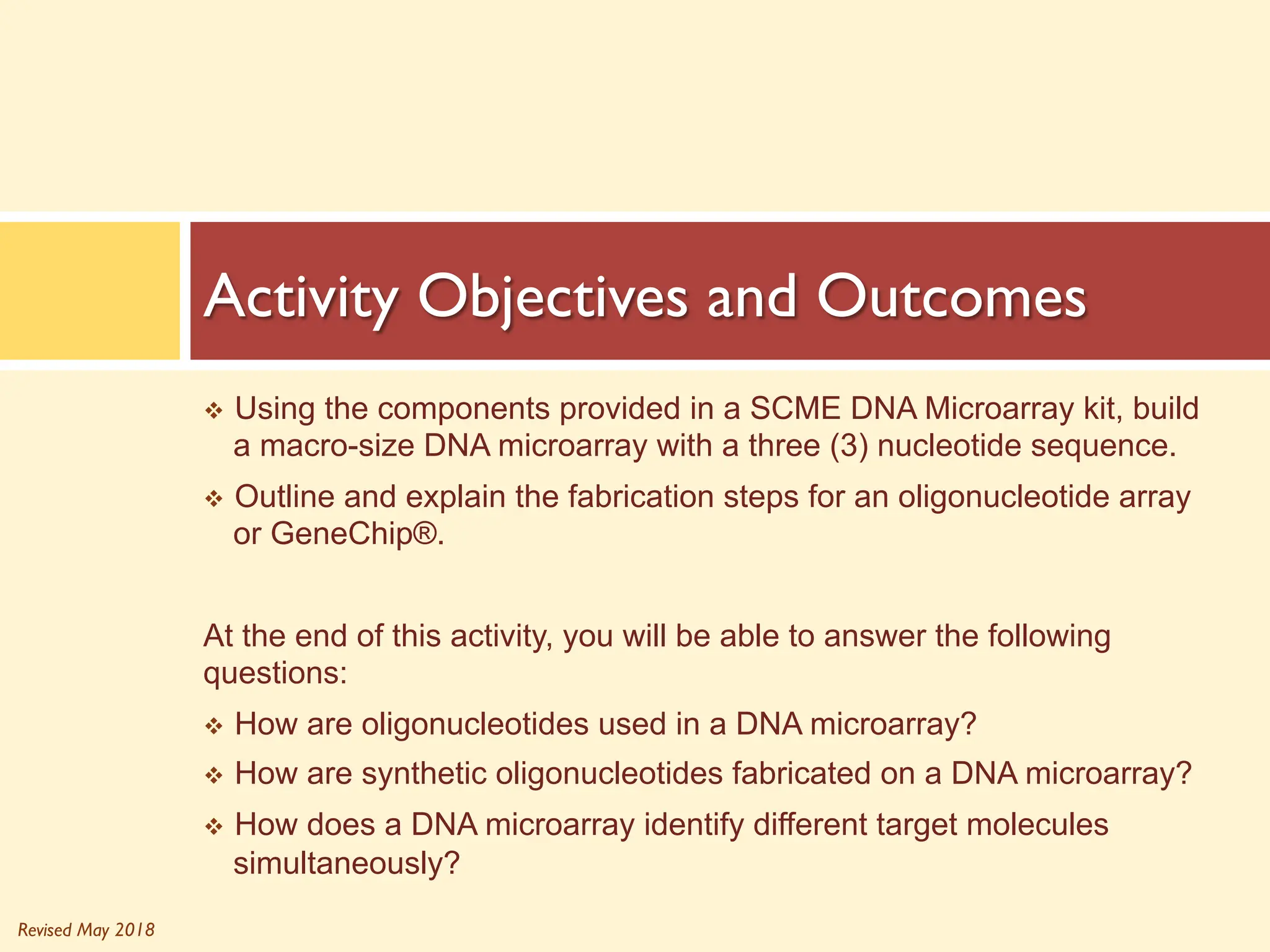 Revised May 2018
v Using the components provided in a SCME DNA Microarray kit, build
a macro-size DNA microarray with a three (3) nucleotide sequence.
v Outline and explain the fabrication steps for an oligonucleotide array
or GeneChip®.
At the end of this activity, you will be able to answer the following
questions:
v How are oligonucleotides used in a DNA microarray?
v How are synthetic oligonucleotides fabricated on a DNA microarray?
v How does a DNA microarray identify different target molecules
simultaneously?
Activity Objectives and Outcomes
 