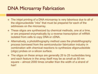 DNA Microarray Fabrication
v The inkjet printing of a DNA microarray is very laborious due to all of
the oligonucleotide “inks” that must be prepared for each of the
addresses on the microarray.
v These oligos are synthesized by chemical methods, one at a time,
or are prepared enzymatically by a reverse transcription of mRNA
isolated from cells to copy DNA or cDNA.
v Alternatively, a photolithography method uses the photolithography
process borrowed from the semiconductor fabrication industry in
combination with chemical reactions to synthesize oligonucleotide
(oligo) probes on a silicon surface.
v The oligos on these arrays are generally 20 to 25 nucleotides long
and each feature in the array itself may be as small as 50 nm
square – almost 2000 times smaller than the width of a strand of
hair!
 