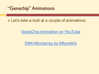 “Genechip” Animations
v Let’s take a look at a couple of animations.
GeneChip Animation on YouTube
DNA Microarray by Affymetrix
 