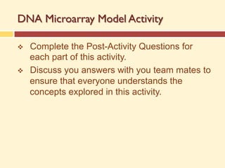 DNA Microarray Model Activity
v Complete the Post-Activity Questions for
each part of this activity.
v Discuss you answers with you team mates to
ensure that everyone understands the
concepts explored in this activity.
 