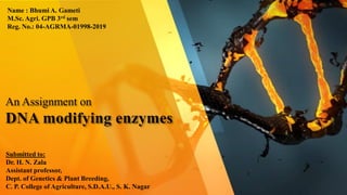 An Assignment on
DNA modifying enzymes
Name : Bhumi A. Gameti
M.Sc. Agri. GPB 3rd sem
Reg. No.: 04-AGRMA-01998-2019
Submitted to:
Dr. H. N. Zala
Assistant professor,
Dept. of Genetics & Plant Breeding,
C. P. College of Agriculture, S.D.A.U., S. K. Nagar
 