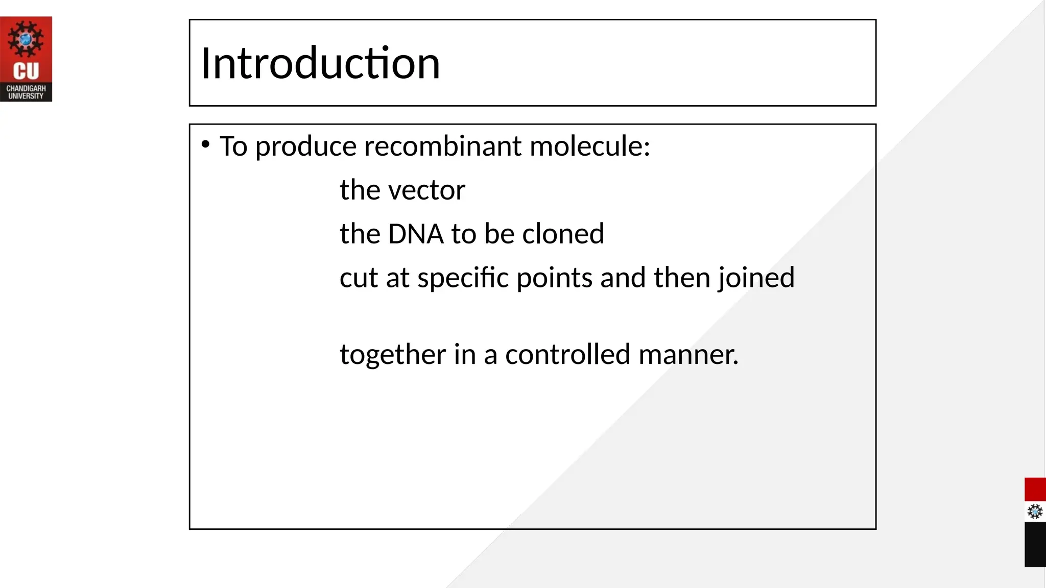 Introduction
• To produce recombinant molecule:
the vector
the DNA to be cloned
cut at specific points and then joined
together in a controlled manner.
 