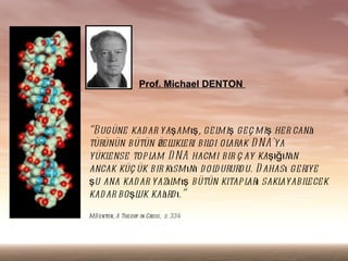 Prof. Michael DENTON



Bugne kad ar ya?am ??, gel ? ge? mi? her canl
                               mi                     ?
trnn btn ?el ikl bil ol
               z l eri gi arak D NA'ya
yklense topl D NA hacmi bir ? ay ka????n?n
              am
ancak k? k bir k?sm ?n? d ol ururd u. D ahas ? geriye
                              d
?u ana kad ar yaz?l ?? btn kitapl ? sakl
                   m                 ar      ayabil  ecek
kad ar bo ?l kalrd ?.
            uk ?
M.D enton, A Theory in Crisis, s: 334
 